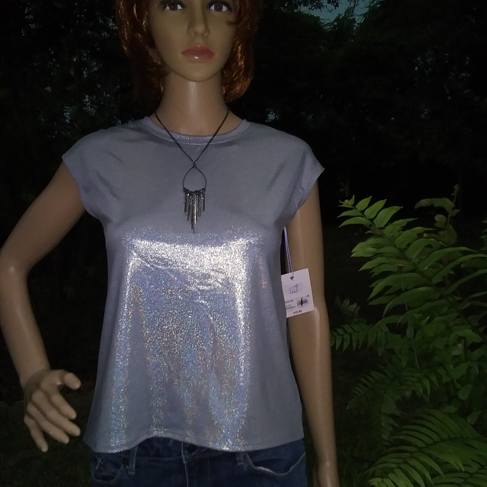 NWT "More than magic" sparkle silver open back top